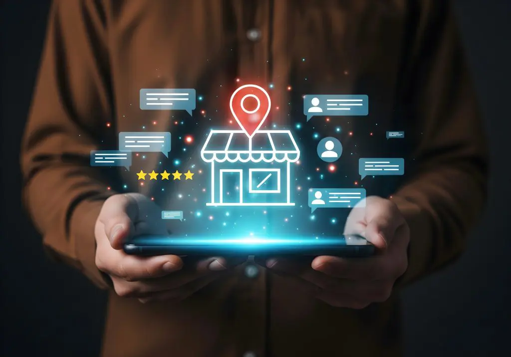 A man is holding up a tablet. A local business with reviews is shown above the tablet, like a hologram.